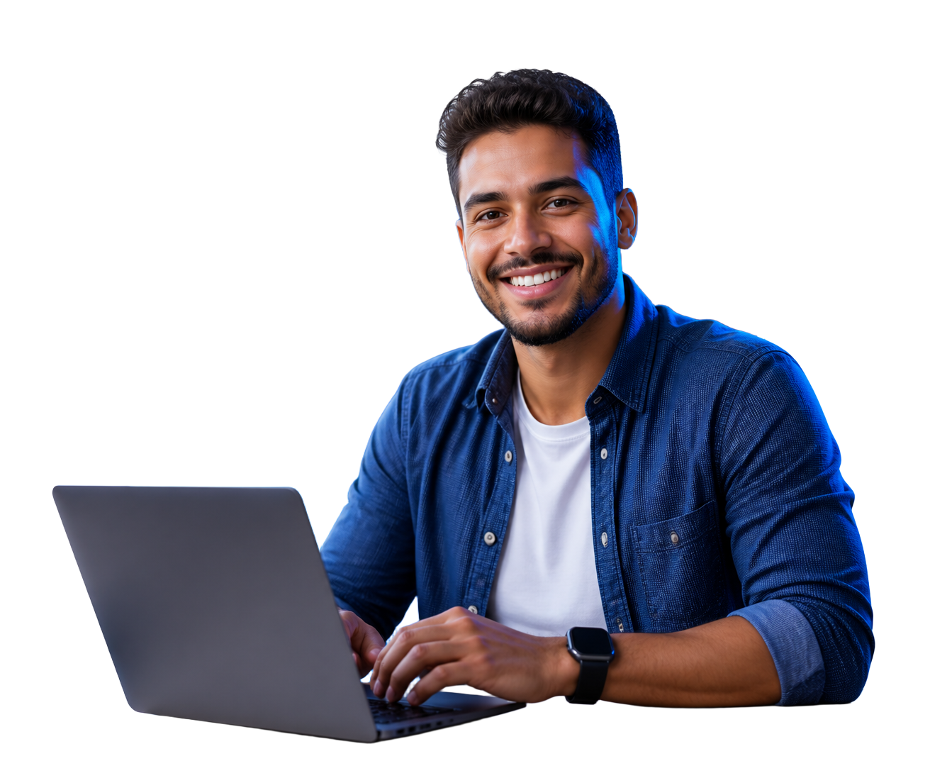 Lojista sorrindo enquanto usa o notebook para gerenciar sua loja no COMÉRCIOS.BR